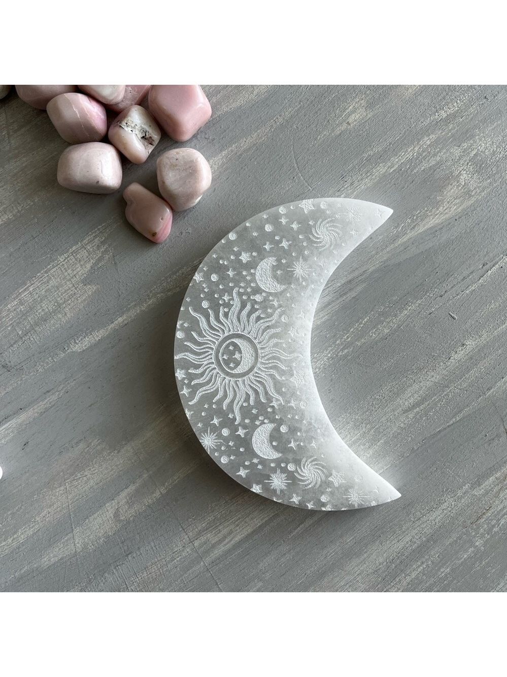 Etched selenite moon
